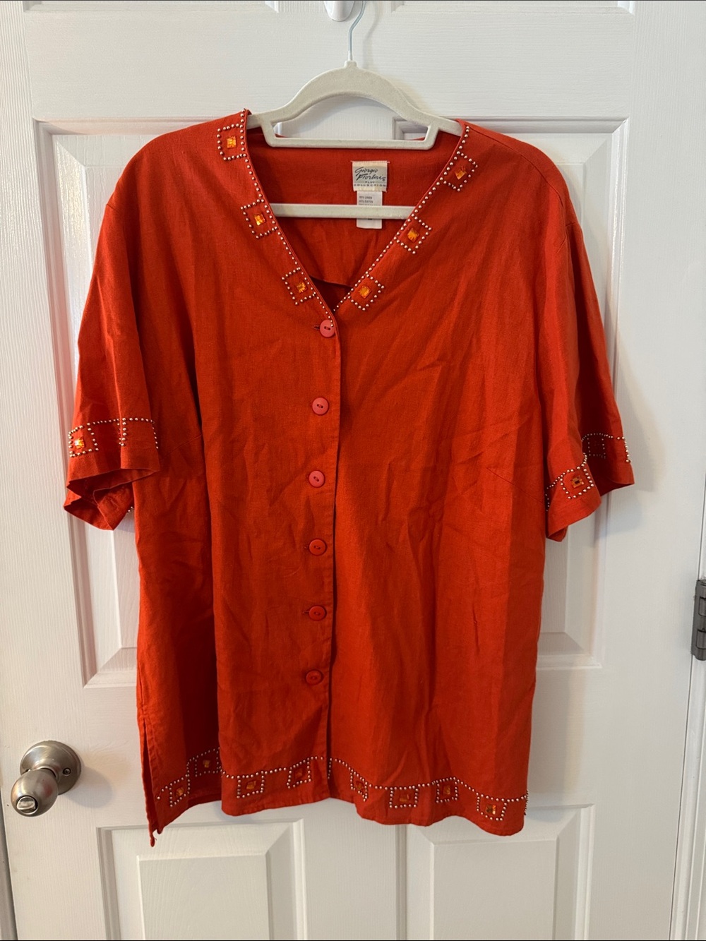 Vintage Embroidered V-Neck Button Front Top in Vibrant Red-Orange